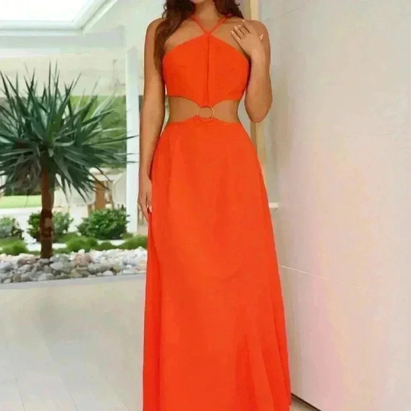 Burnt Orange Boho Women's Backless Hollow-Out Solid Color Sleeveless Dress - Picture 6 of 6